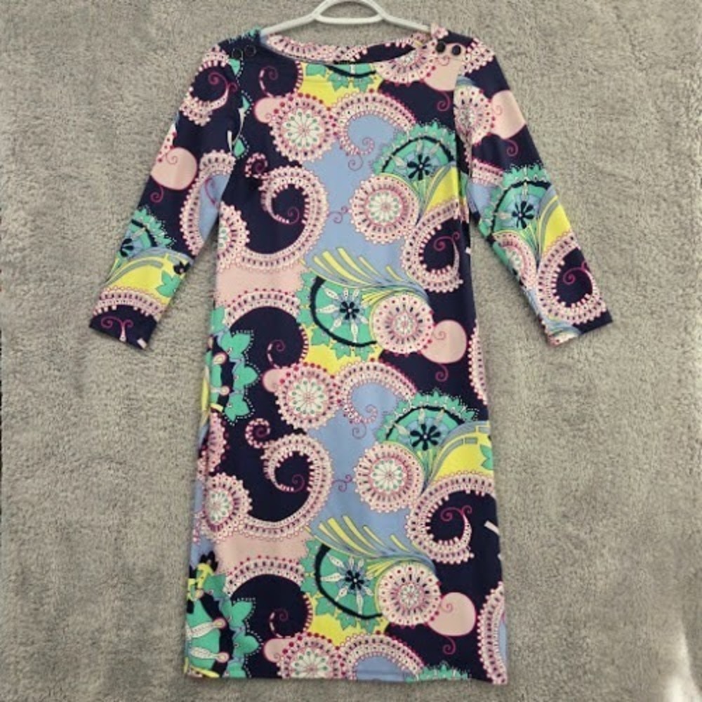 Talbots Shift Dress Women's P Blue Pink Spiral Paisley Boat Neck 3/4 Sleeve